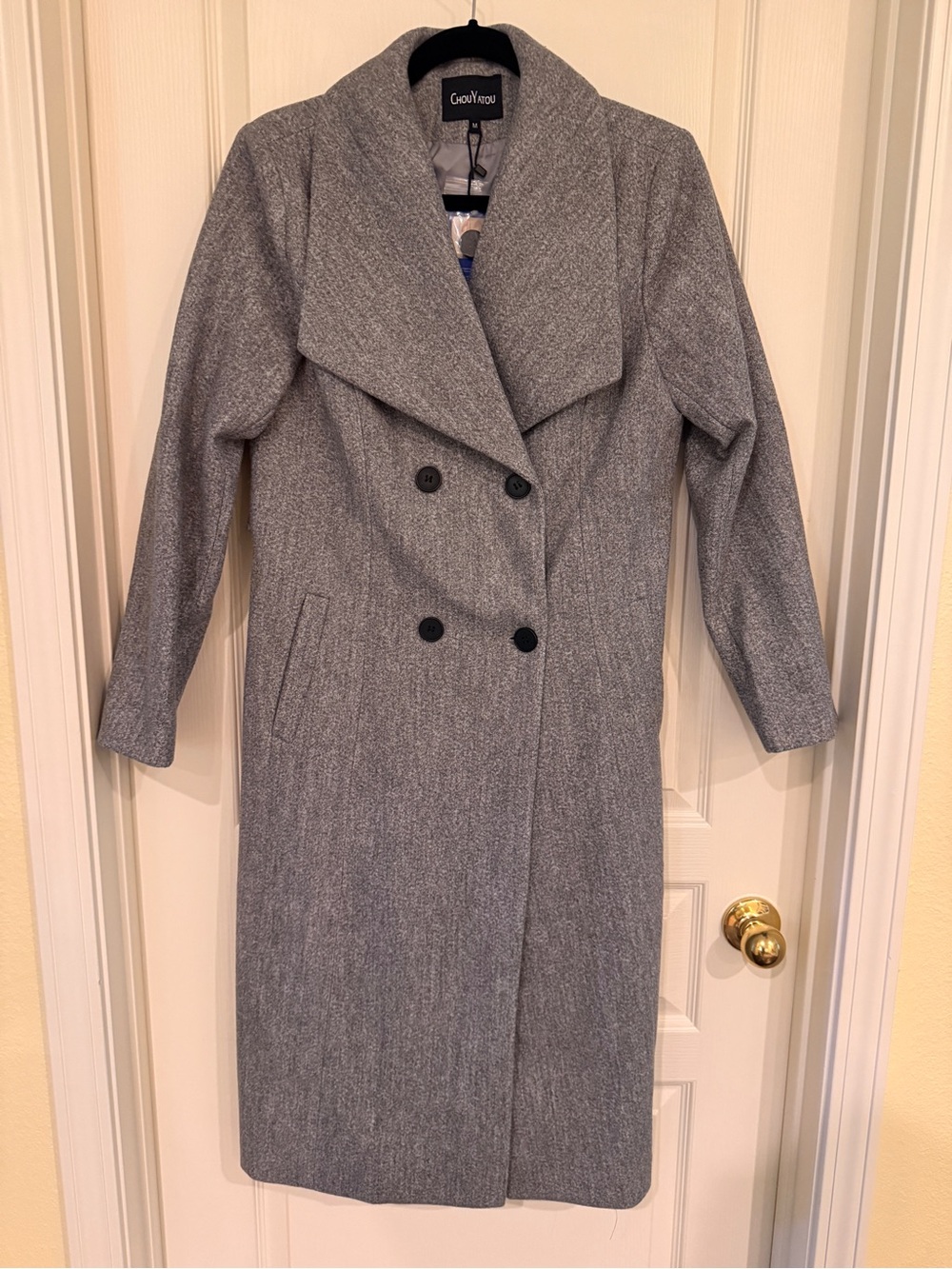 Grey Double-Breasted Shawl Collar Trench Coat